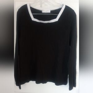Velvet Black Long-Sleeve Knit Top with White Trim